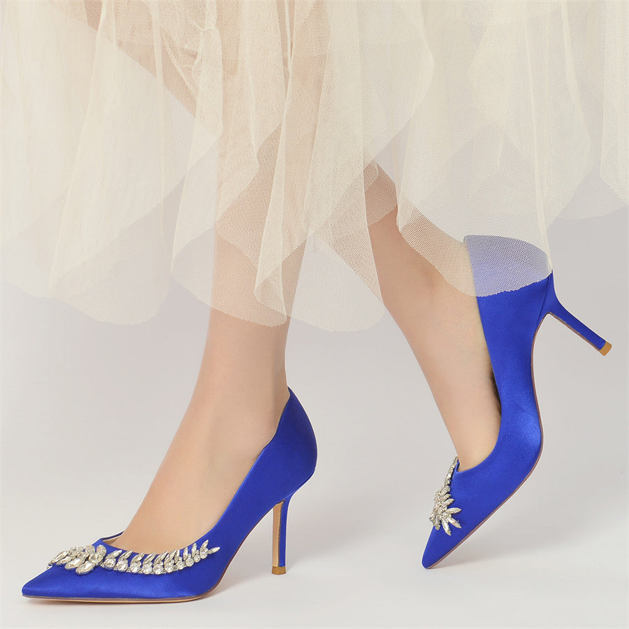 Bridal Stiletto Heels for Women in Silk Satin with Pointed Toe and Long Rhinestones