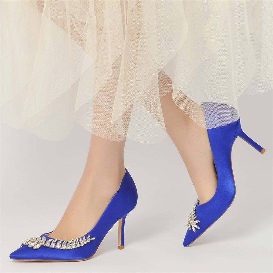 Bridal Stiletto Heels for Women in Silk Satin with Pointed Toe and Long Rhinestones
