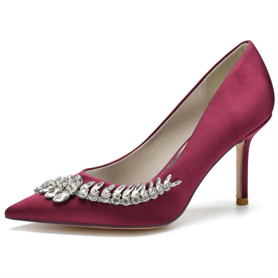 Bridal Stiletto Heels for Women in Silk Satin with Pointed Toe and Long Rhinestones
