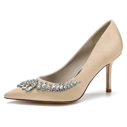 Bridal Stiletto Heels for Women in Silk Satin with Pointed Toe and Long Rhinestones