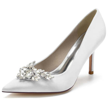 Bridal High Heel Shoes for Women in Silk Satin with Rhinestones and Pointed Toe