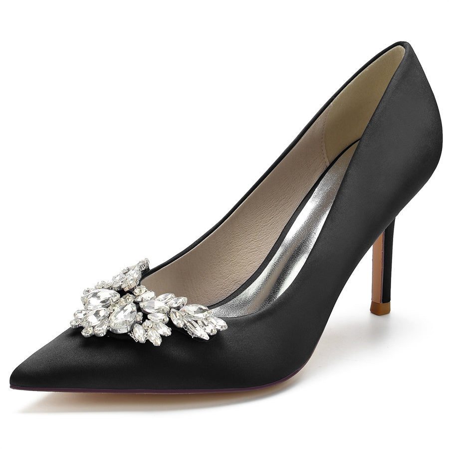 Bridal High Heel Shoes for Women in Silk Satin with Rhinestones and Pointed Toe