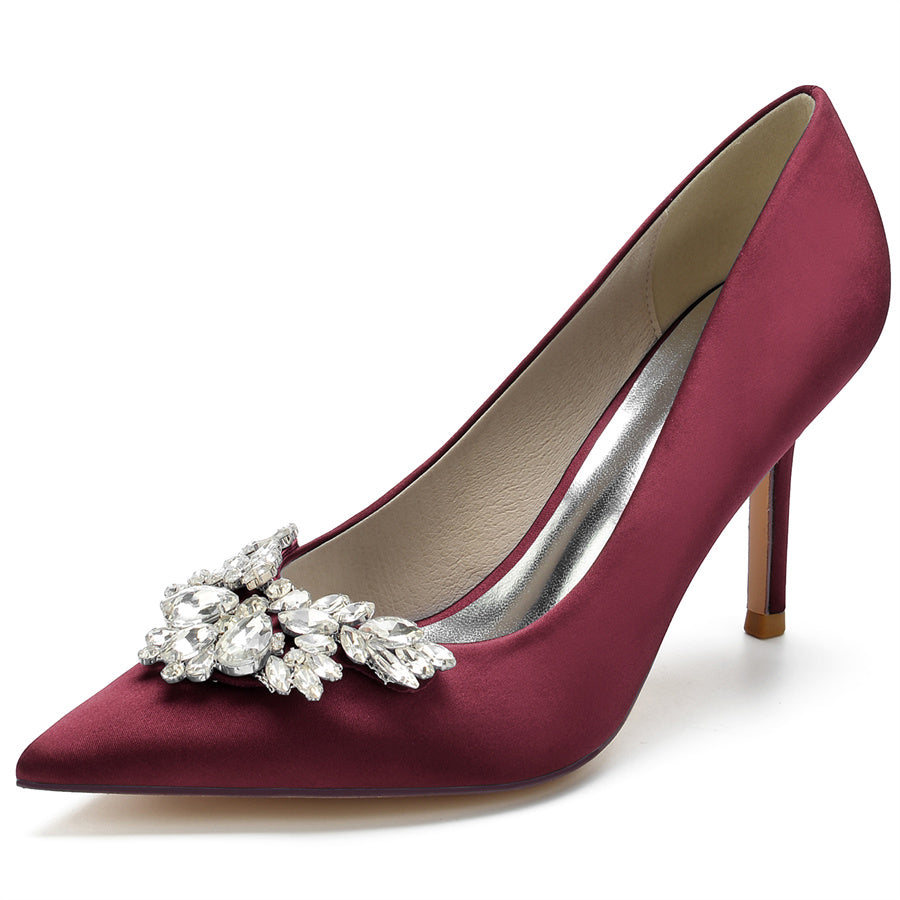 Bridal High Heel Shoes for Women in Silk Satin with Rhinestones and Pointed Toe