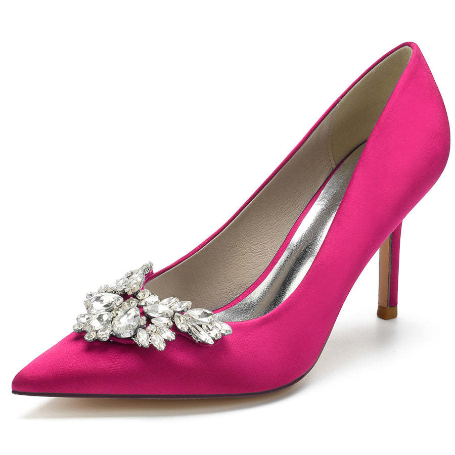 Bridal High Heel Shoes for Women in Silk Satin with Rhinestones and Pointed Toe
