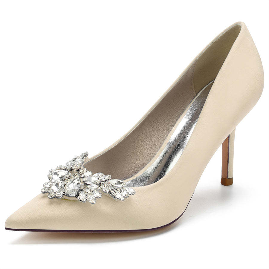 Bridal High Heel Shoes for Women in Silk Satin with Rhinestones and Pointed Toe