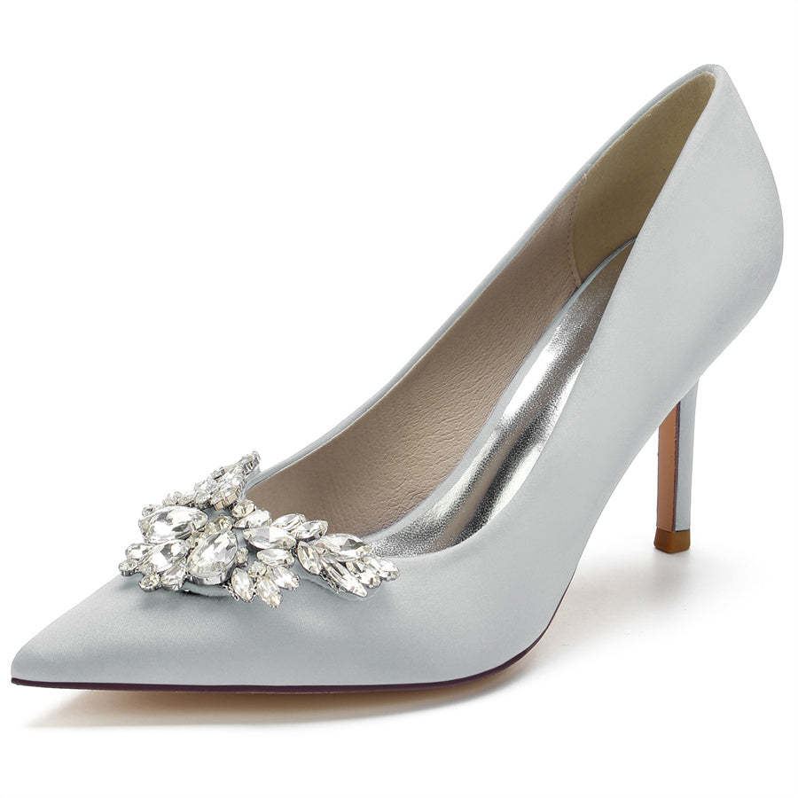 Bridal High Heel Shoes for Women in Silk Satin with Rhinestones and Pointed Toe