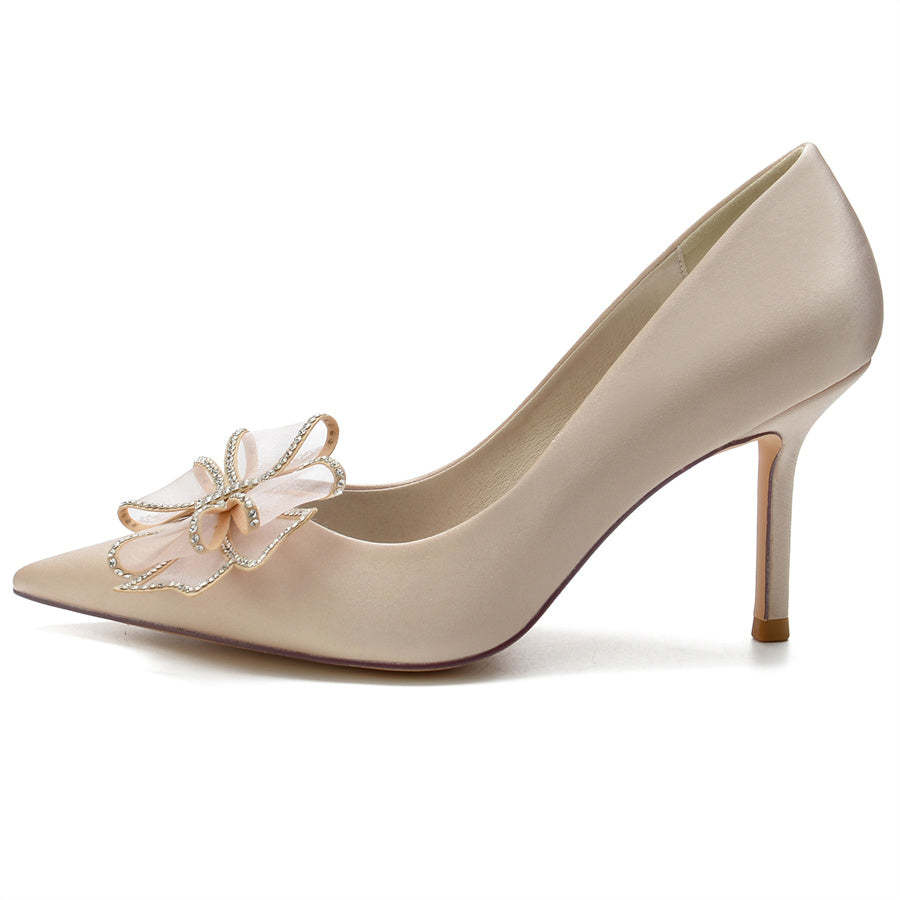 Bridal Stiletto Heel Shoes for Women in Silk Satin with Crystal Bow and Pointed Toe