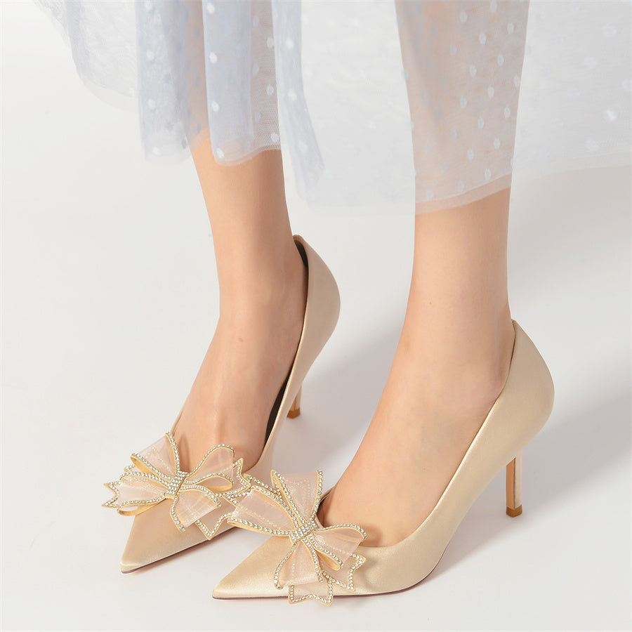 Bridal Stiletto Heel Shoes for Women in Silk Satin with Crystal Bow and Pointed Toe