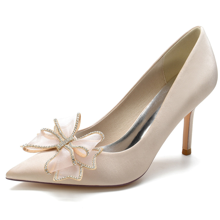 Bridal Stiletto Heel Shoes for Women in Silk Satin with Crystal Bow and Pointed Toe