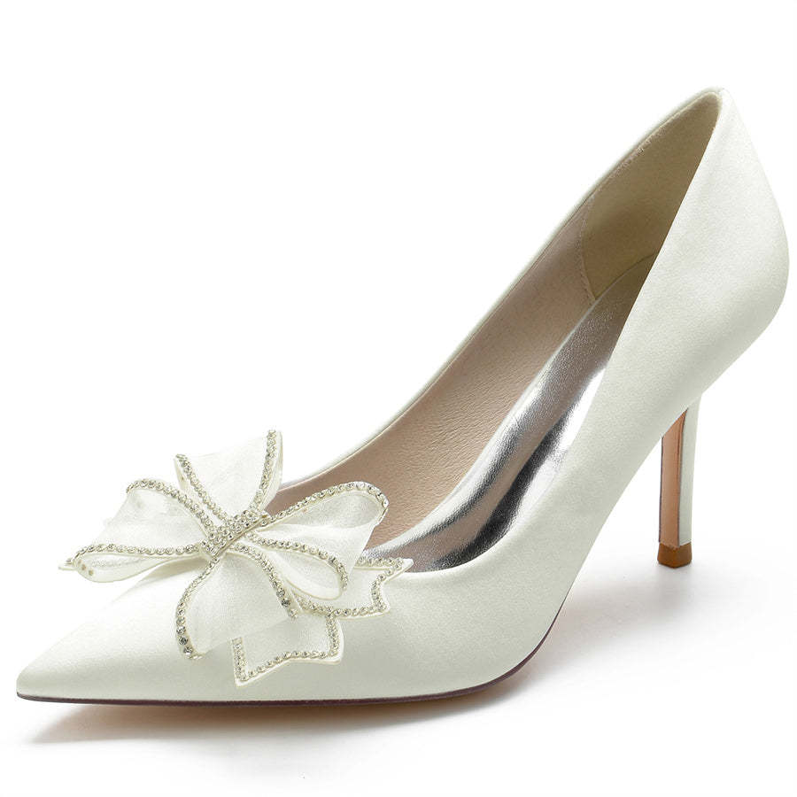 Bridal Stiletto Heel Shoes for Women in Silk Satin with Crystal Bow and Pointed Toe