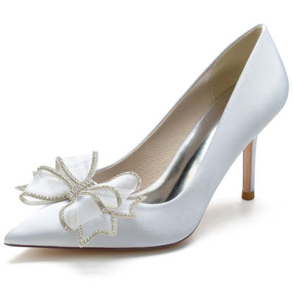 Bridal Stiletto Heel Shoes for Women in Silk Satin with Crystal Bow and Pointed Toe
