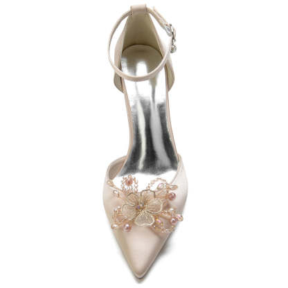 Bridal Stiletto Heel Shoes with Pearl Flowers for Women Pointed Toe