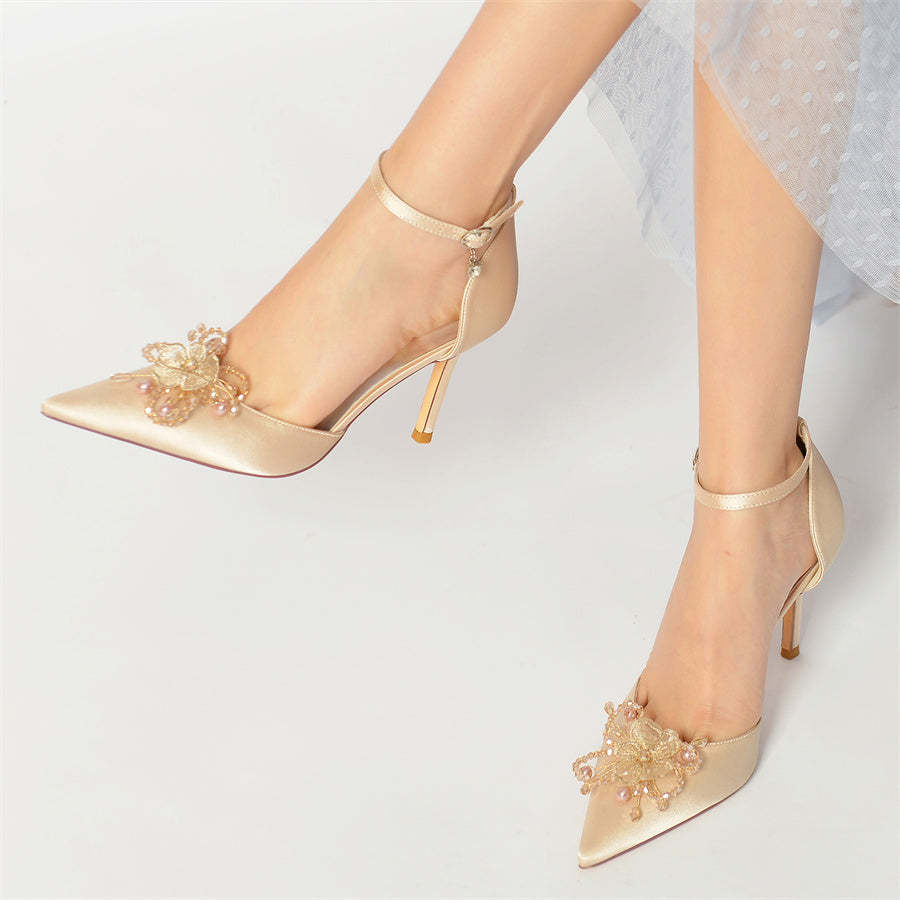 Bridal Stiletto Heel Shoes with Pearl Flowers for Women Pointed Toe