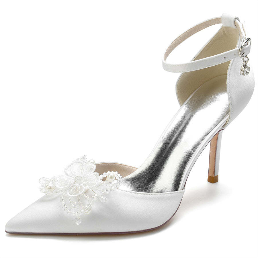 Bridal Stiletto Heel Shoes with Pearl Flowers for Women Pointed Toe