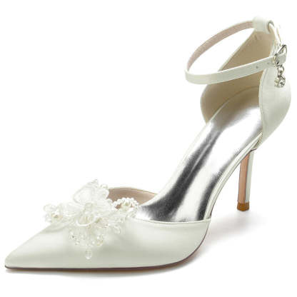 Bridal Stiletto Heel Shoes with Pearl Flowers for Women Pointed Toe
