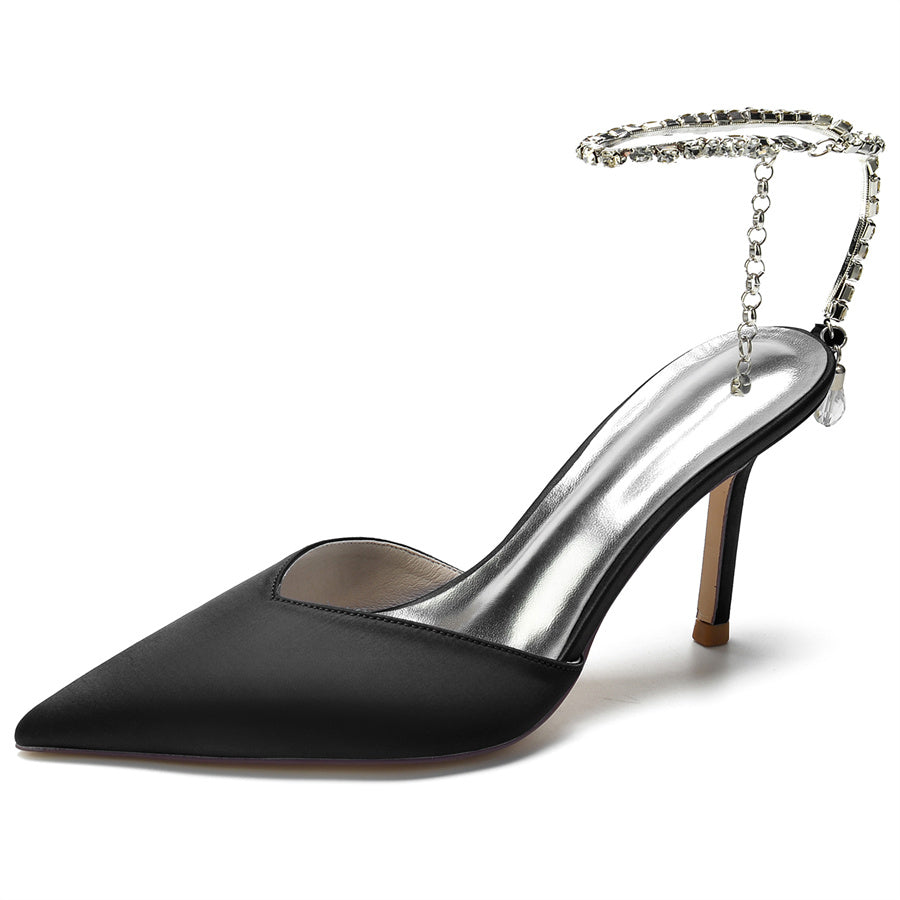 Bridal Shoes for Women with Crystal Ankle Strap and Pointed Toe Stiletto Heel