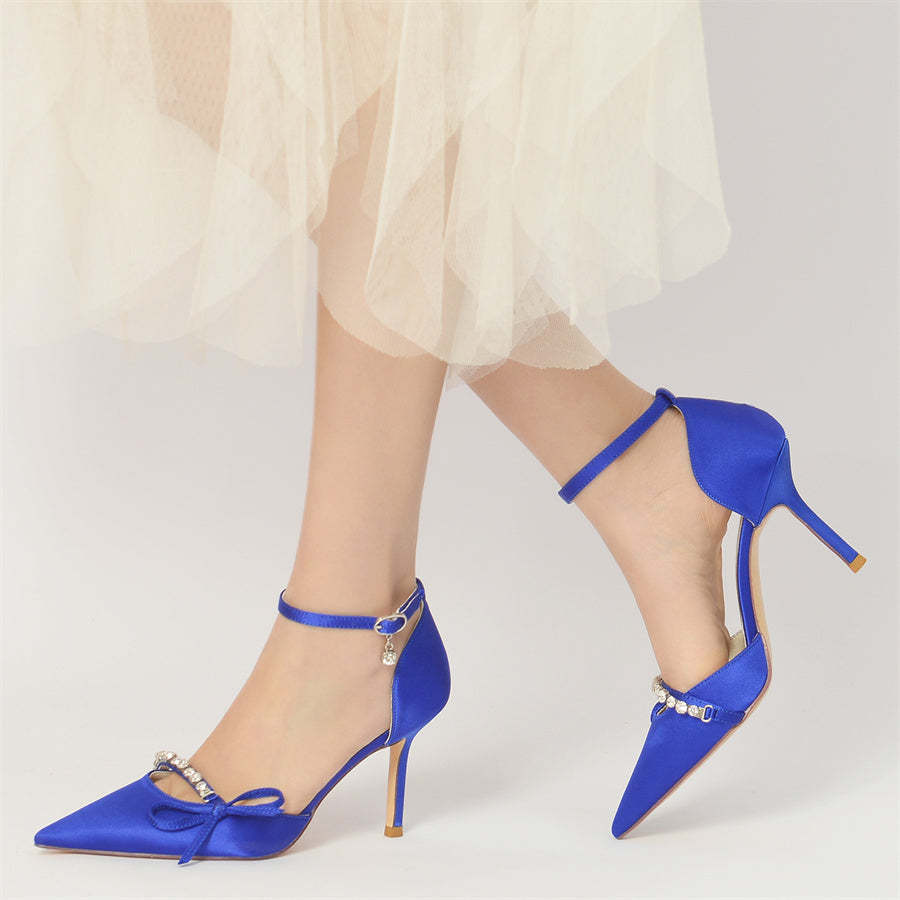 Bridal Stiletto Heel Shoes for Women with Pointed Toe and Crystal Bow