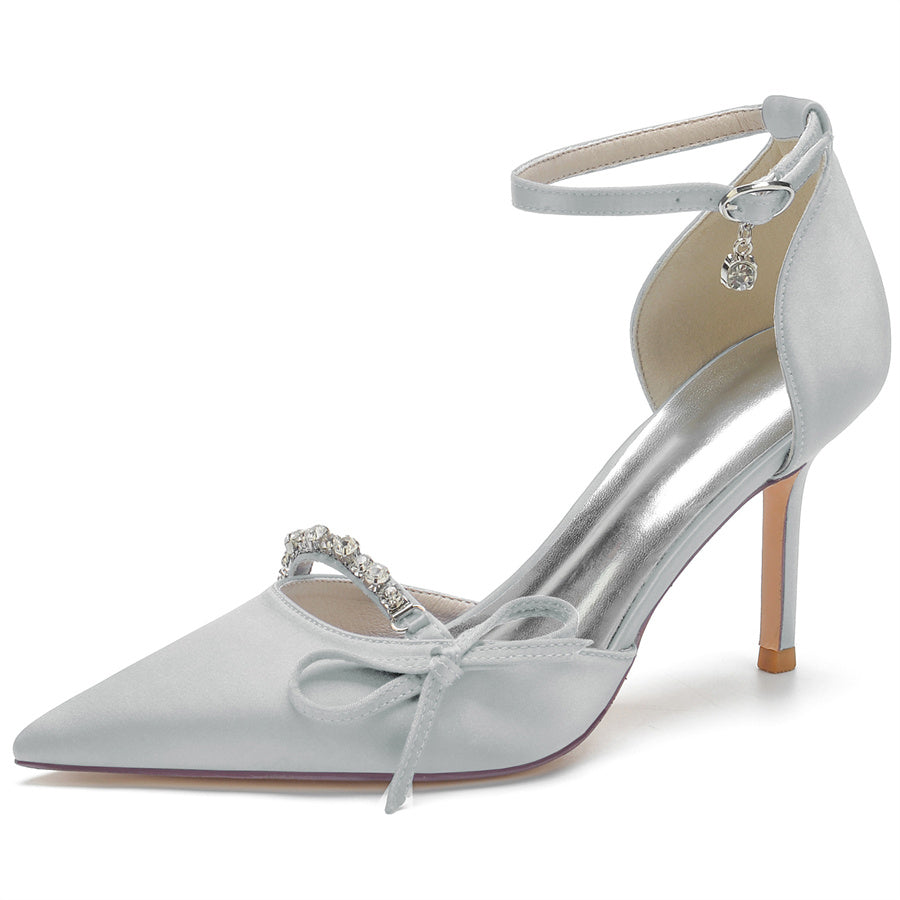 Bridal Stiletto Heel Shoes for Women with Pointed Toe and Crystal Bow