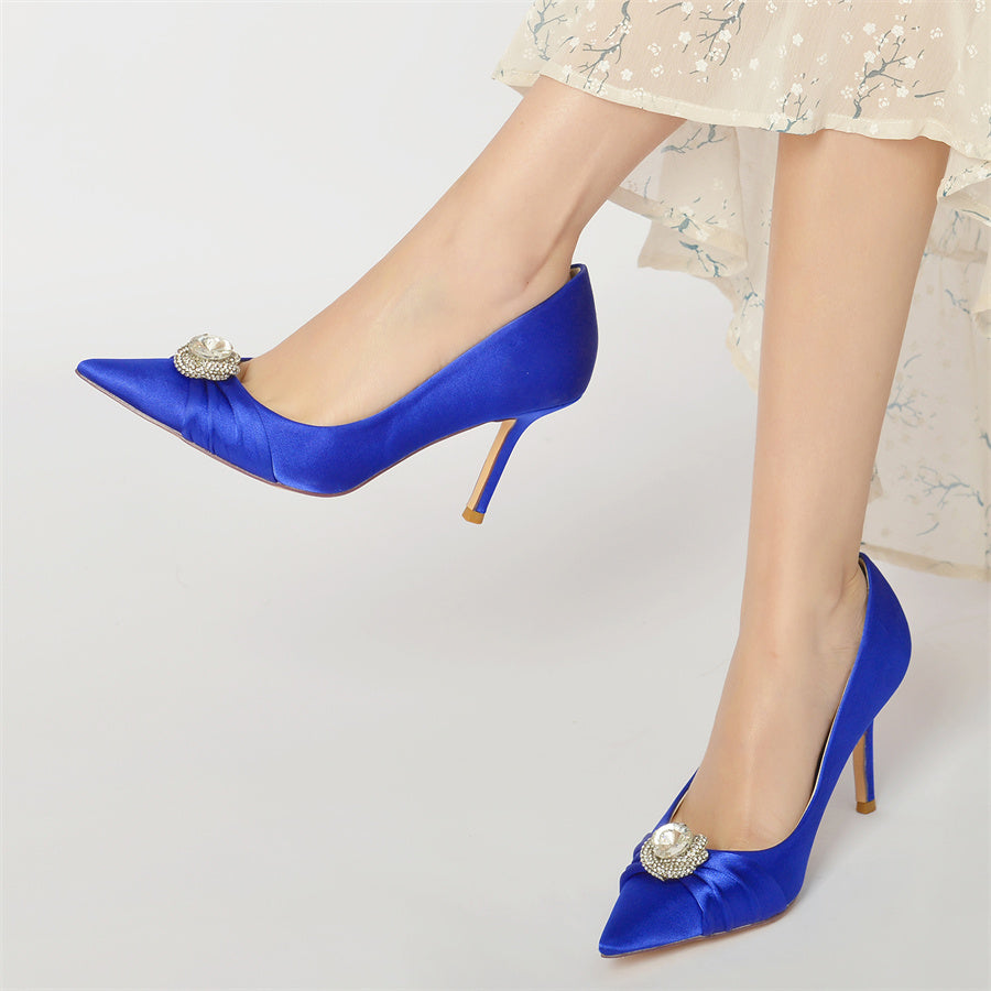 Bridal Stiletto Heels with Big Crystal for Women: Silk Satin Pointed Toe Wedding Shoes