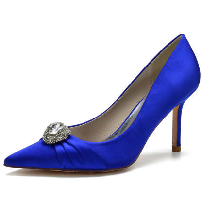 Bridal Stiletto Heels with Big Crystal for Women: Silk Satin Pointed Toe Wedding Shoes