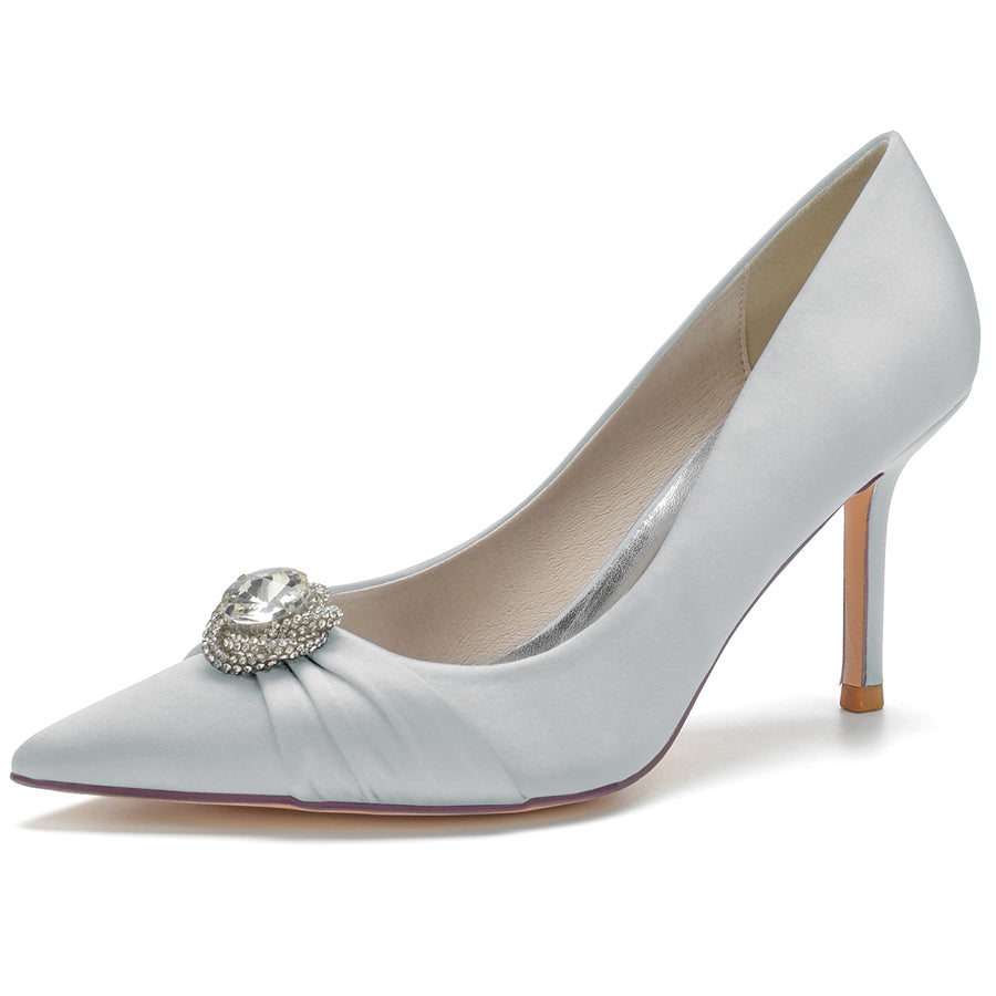 Bridal Stiletto Heels with Big Crystal for Women: Silk Satin Pointed Toe Wedding Shoes