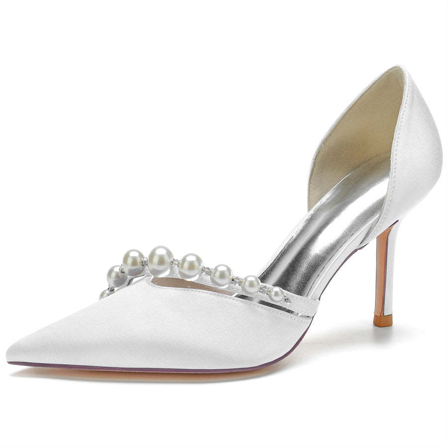 Elegant Stiletto Heel Bridal Shoes for Women with Pearls and Pointed Toe