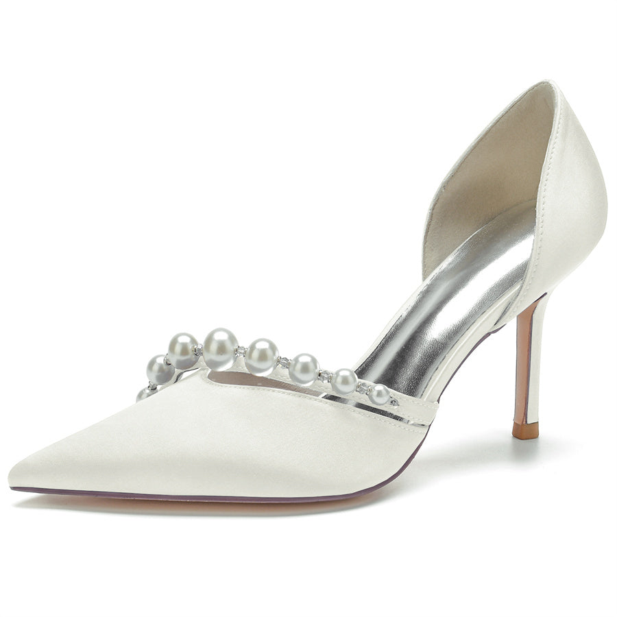 Elegant Stiletto Heel Bridal Shoes for Women with Pearls and Pointed Toe