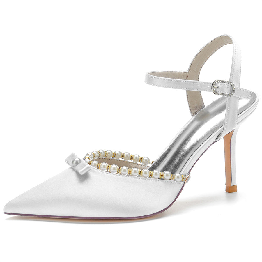 Elegant Bridal Shoes for Women with Pearls Pointed Toe and High Heel