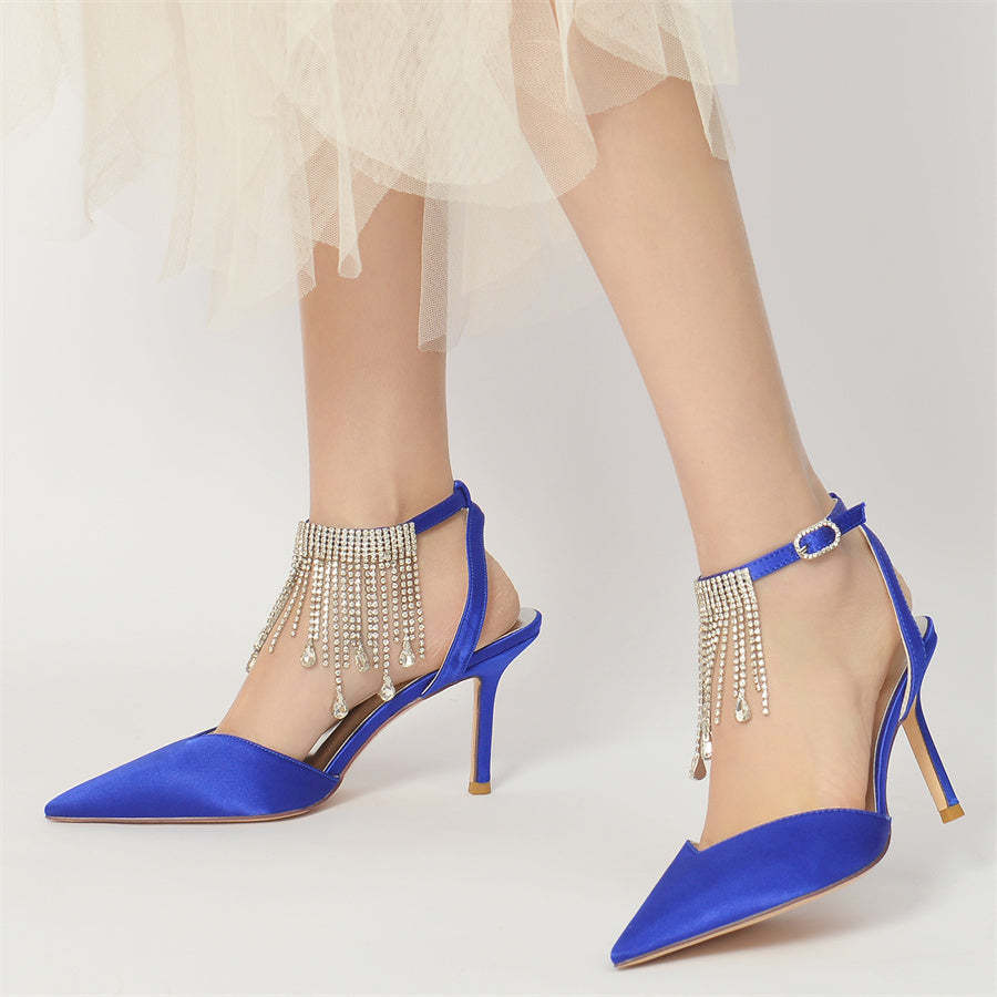Bridal High Heel Wedding Shoes for Women with Pointed Toe and Crystal Tassel