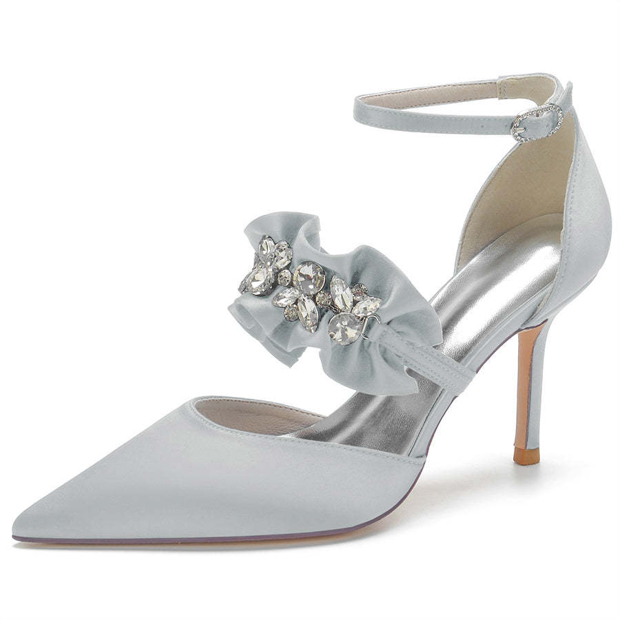 Elegant Pointed Toe High Heel Bridal Shoes for Women with Crystal Flower