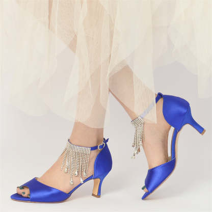 Bridal Shoes for Women with Peep Toe Mid Heel Buckle Rhinestones and Tassel