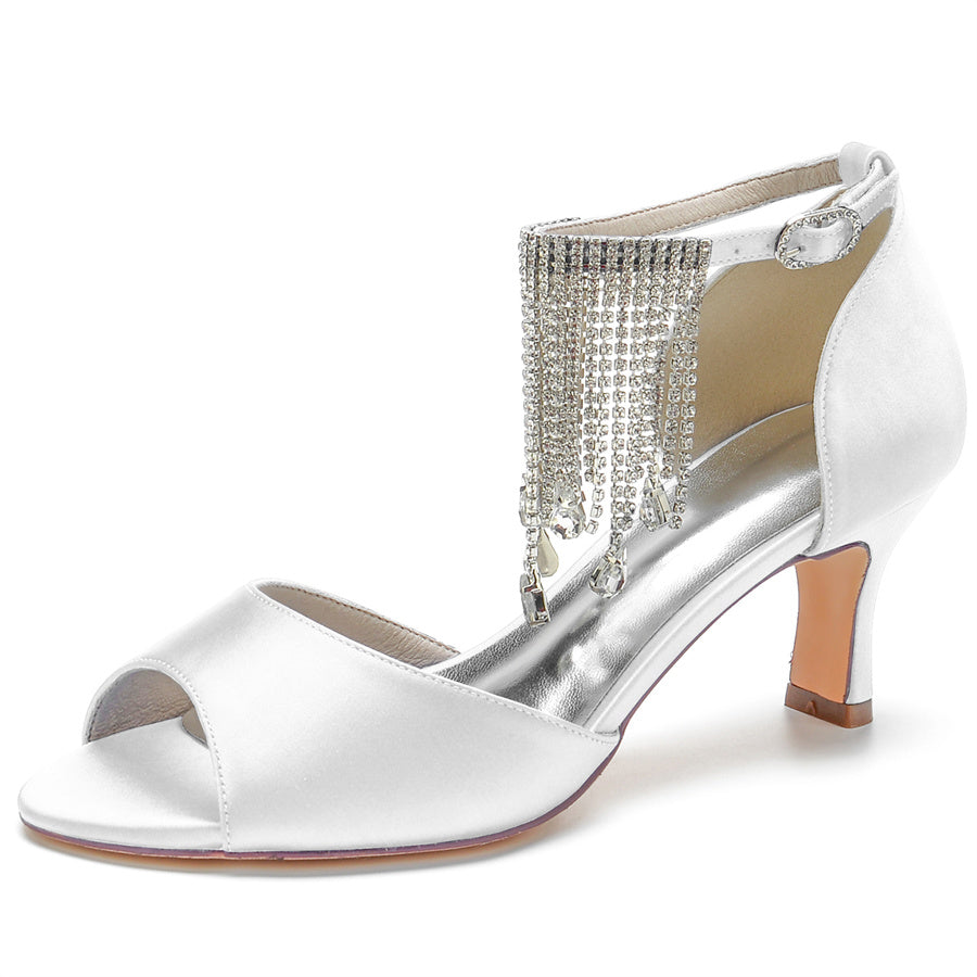 Bridal Shoes for Women with Peep Toe Mid Heel Buckle Rhinestones and Tassel