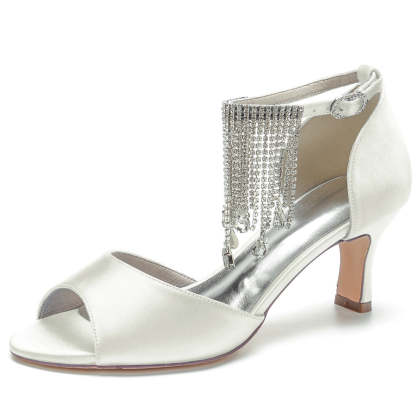 Bridal Shoes for Women with Peep Toe Mid Heel Buckle Rhinestones and Tassel