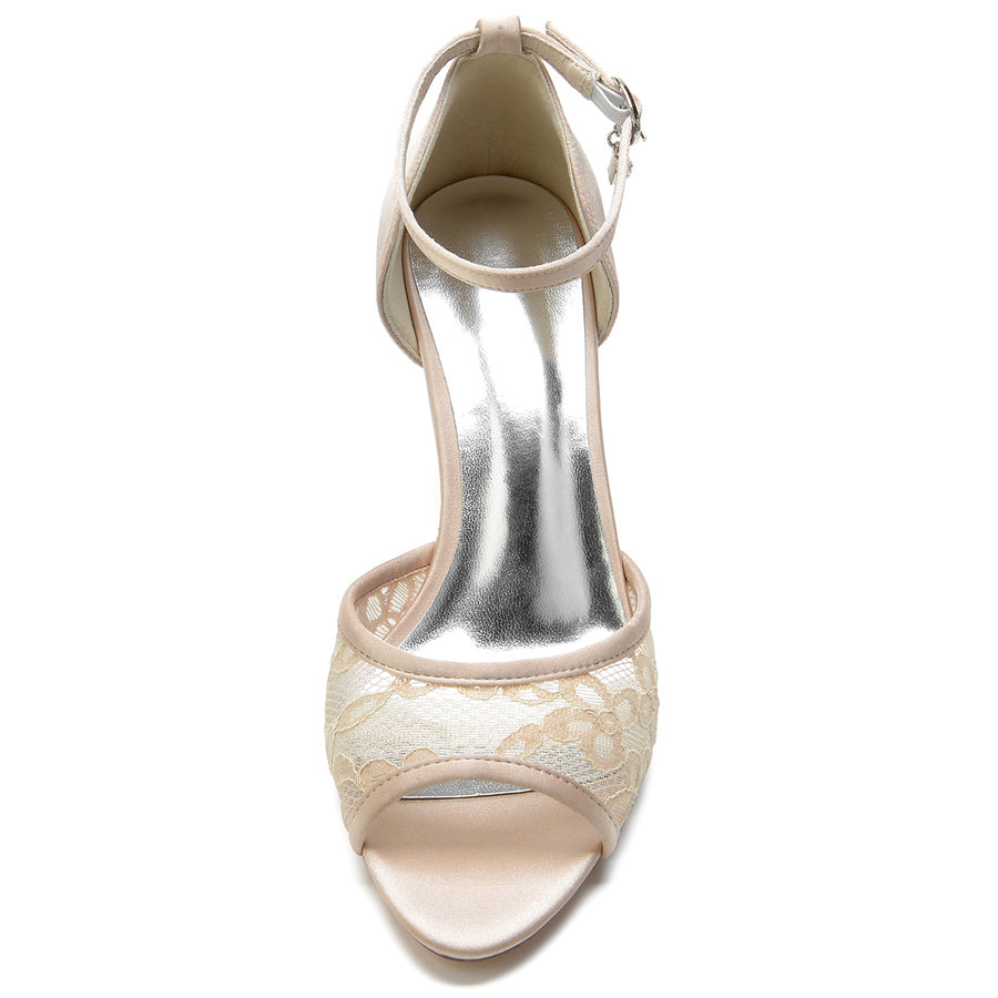 Elegant Lace Bridal Shoes for Women with Peep Toe and Mid Heel Buckle