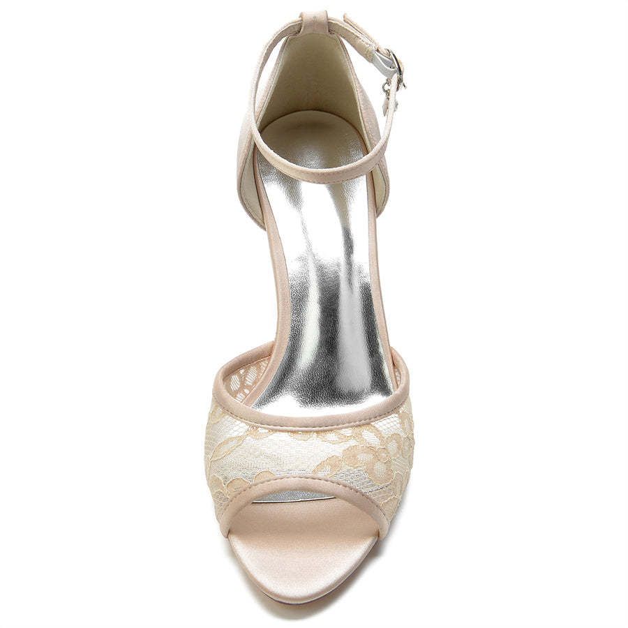 Elegant Lace Bridal Shoes for Women with Peep Toe and Mid Heel Buckle