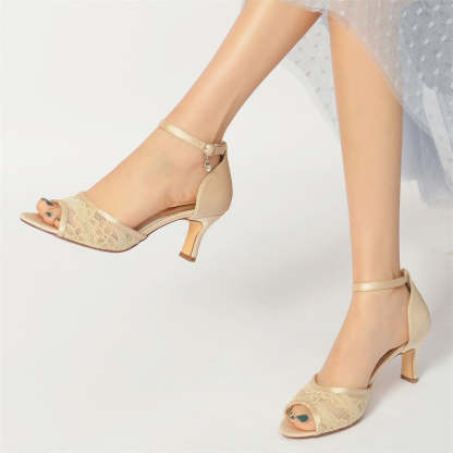 Elegant Lace Bridal Shoes for Women with Peep Toe and Mid Heel Buckle