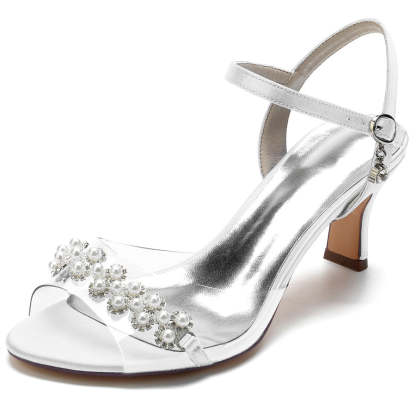 Elegant Mid Heel Opened Toe Bridal Shoes with Pearls for Women