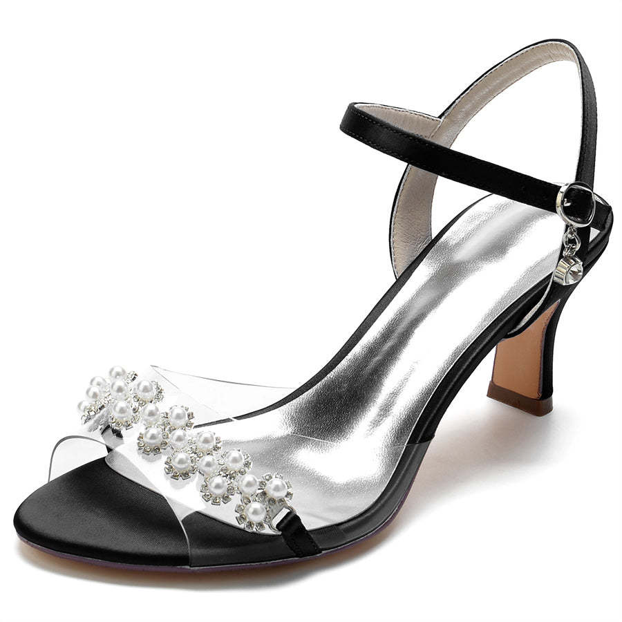 Elegant Mid Heel Opened Toe Bridal Shoes with Pearls for Women
