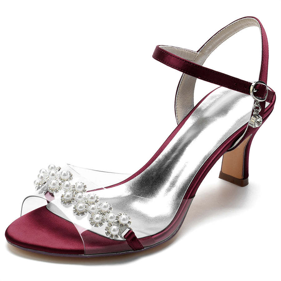 Elegant Mid Heel Opened Toe Bridal Shoes with Pearls for Women