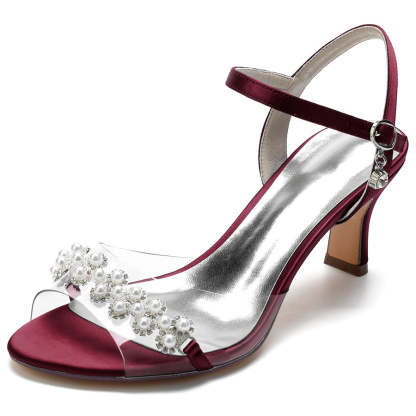 Elegant Mid Heel Opened Toe Bridal Shoes with Pearls for Women