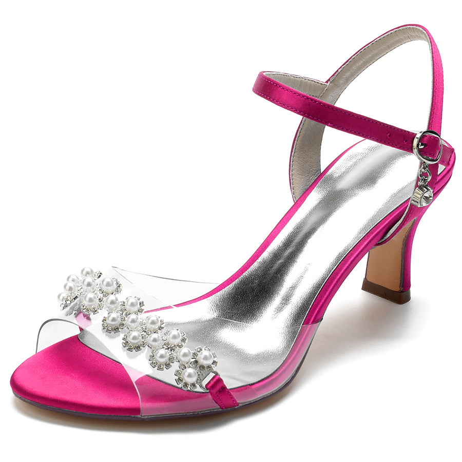 Elegant Mid Heel Opened Toe Bridal Shoes with Pearls for Women