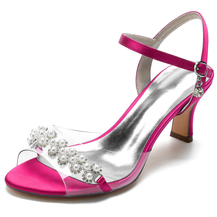 Elegant Mid Heel Opened Toe Bridal Shoes with Pearls for Women