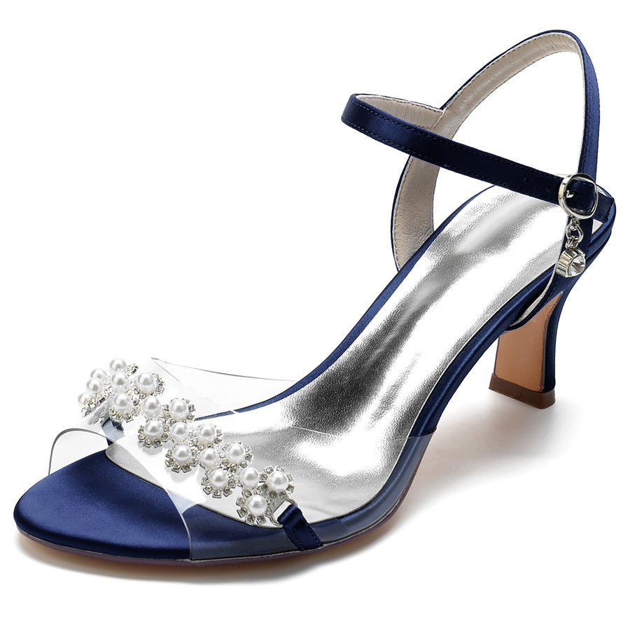 Elegant Mid Heel Opened Toe Bridal Shoes with Pearls for Women