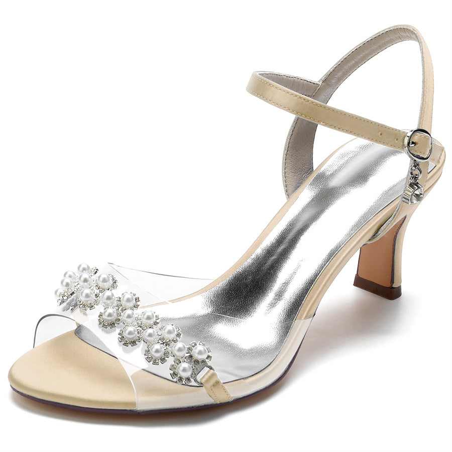 Elegant Mid Heel Opened Toe Bridal Shoes with Pearls for Women