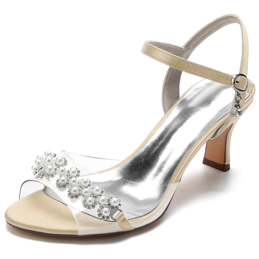 Elegant Mid Heel Opened Toe Bridal Shoes with Pearls for Women