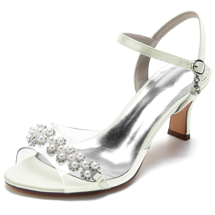 Elegant Mid Heel Opened Toe Bridal Shoes with Pearls for Women