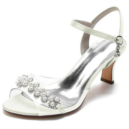 Elegant Mid Heel Opened Toe Bridal Shoes with Pearls for Women