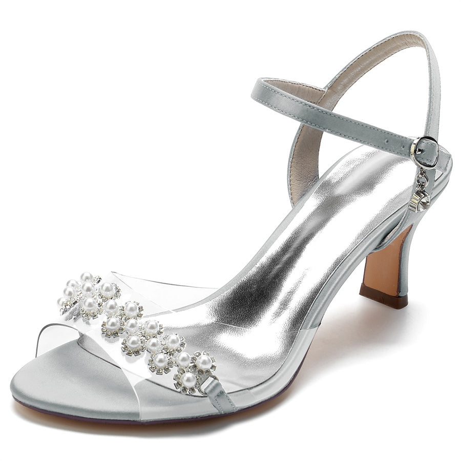 Elegant Mid Heel Opened Toe Bridal Shoes with Pearls for Women