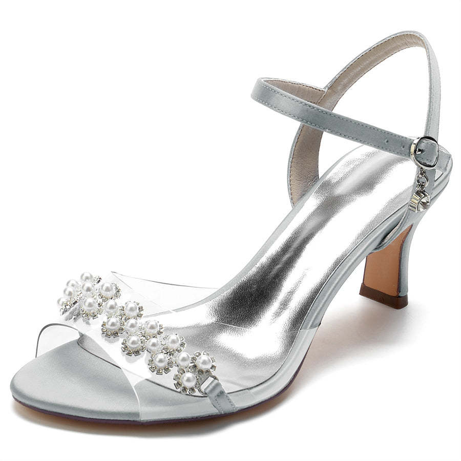 Elegant Mid Heel Opened Toe Bridal Shoes with Pearls for Women