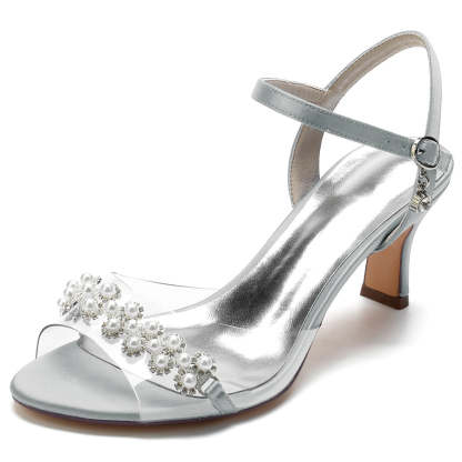Elegant Mid Heel Opened Toe Bridal Shoes with Pearls for Women